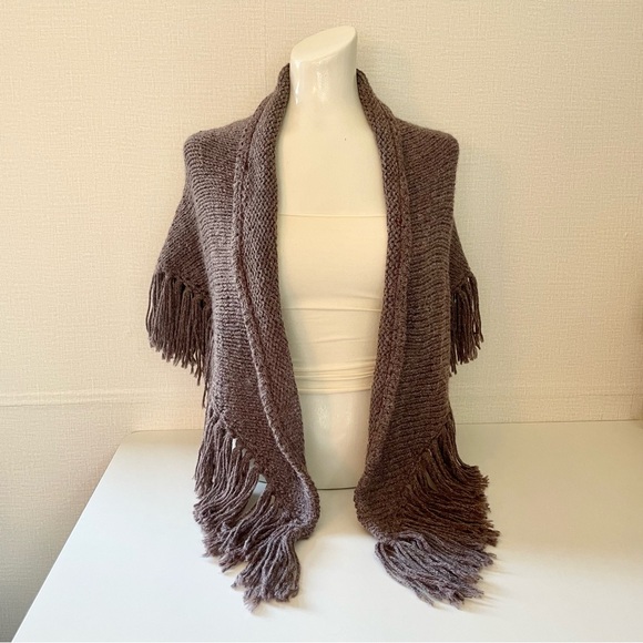 Hand Knit Shawl, Dusty Icy Plum, Fringe Trim, Versatile - Picture 5 of 10